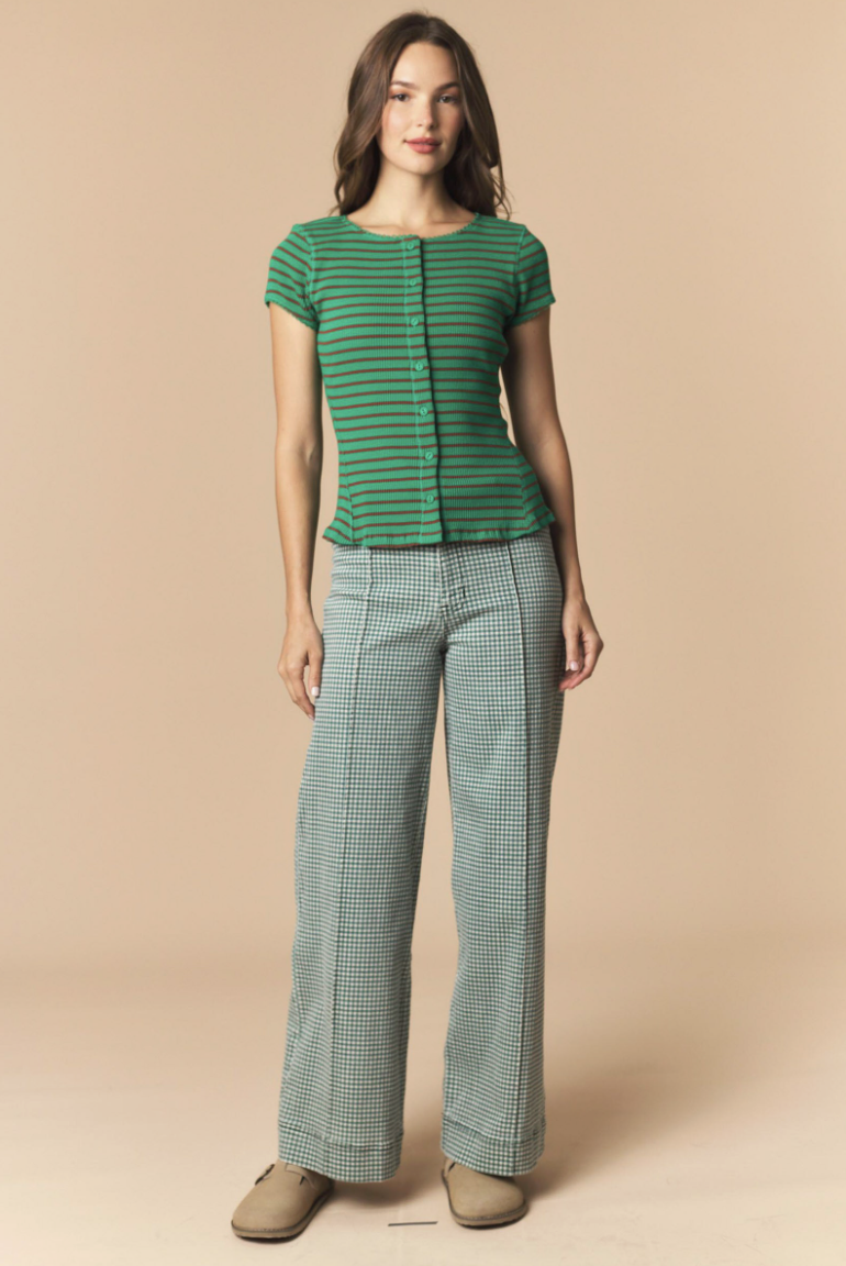 Stretchable Gingham Twill Pintuck Straight Pants