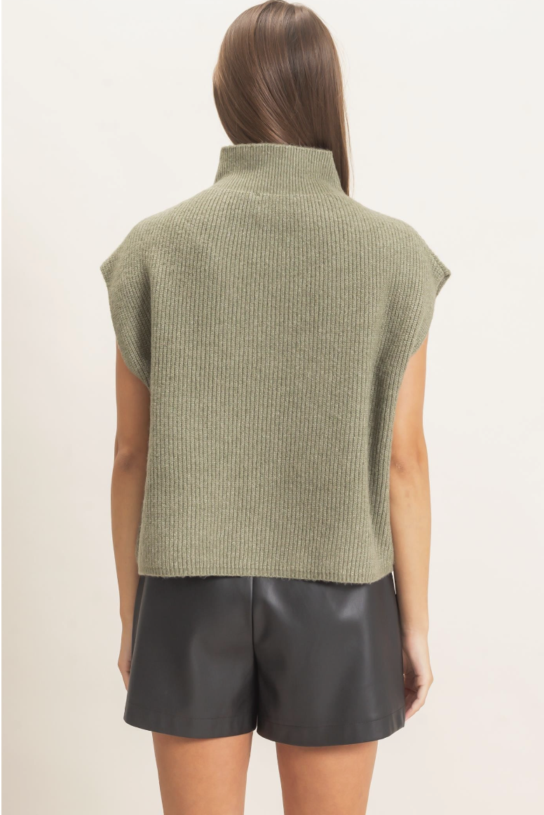Olive Green Mock Neck Sleeveless Sweater