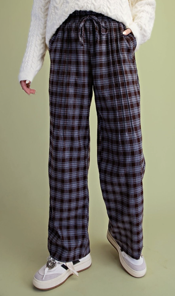 Shawna-Blue and Brown Plaid Wide Leg Pant