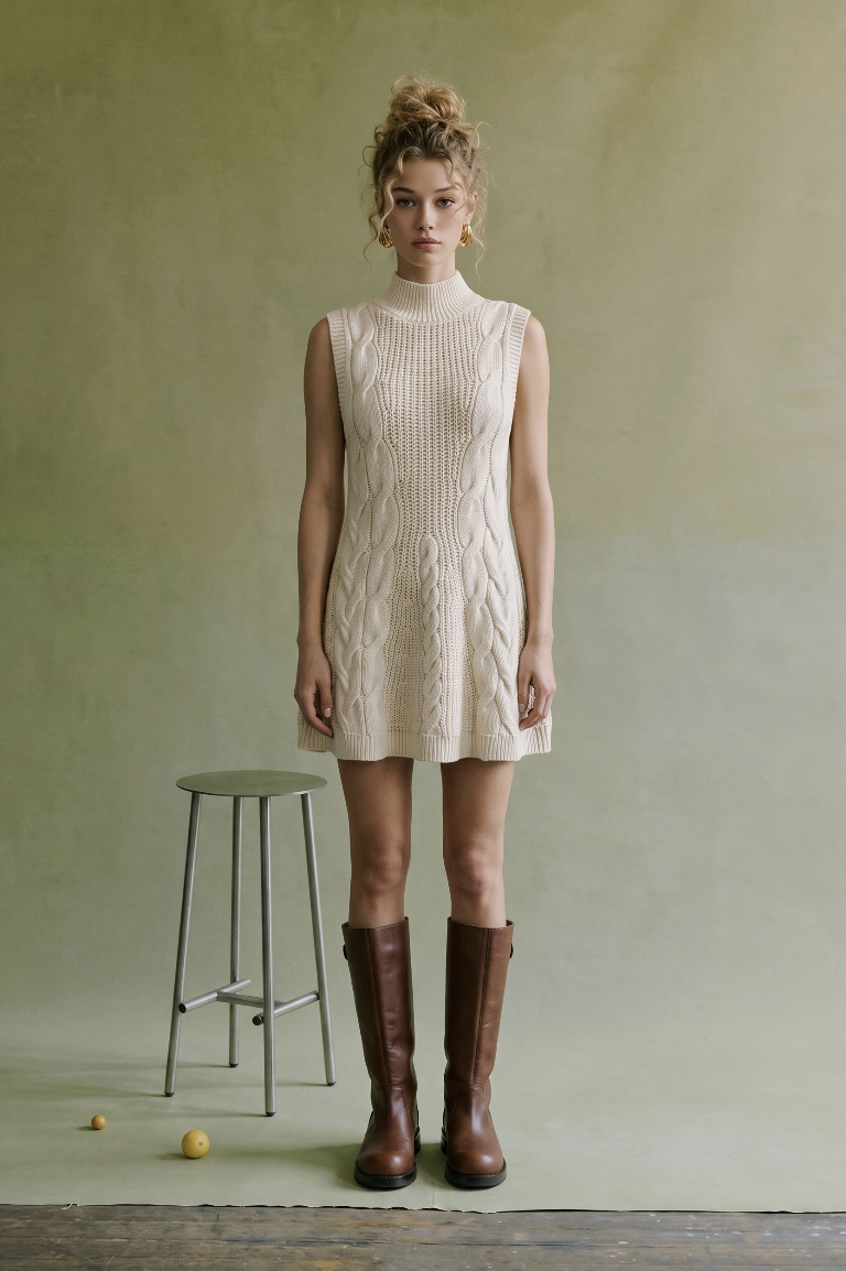 Amber-Cream Cable Knit Mock Neck Mini Dress