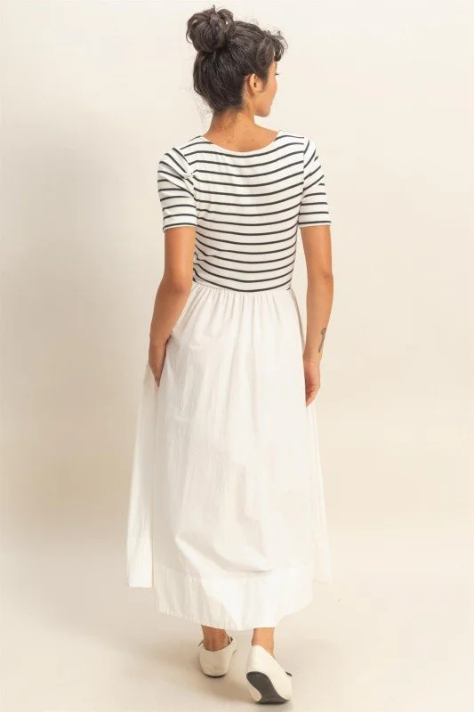 Striped Ribbed Top And Poplin Skirt Midi Dress