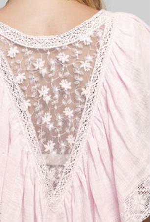 Juliette-Lace Trim Ruffle Top in Pink