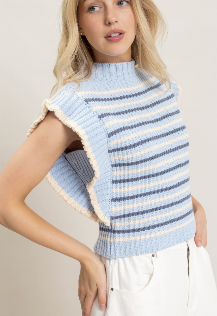Angela-Striped Ruffle Sleeve Sweater