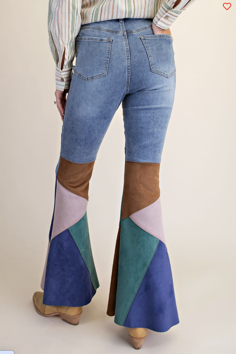 Suede Color Block Flare Jeans