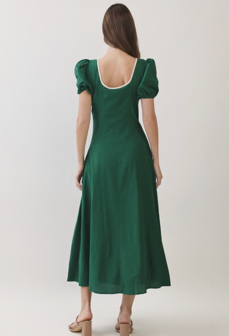 Green Embroidered Cotton Linen Blend Midi Dress