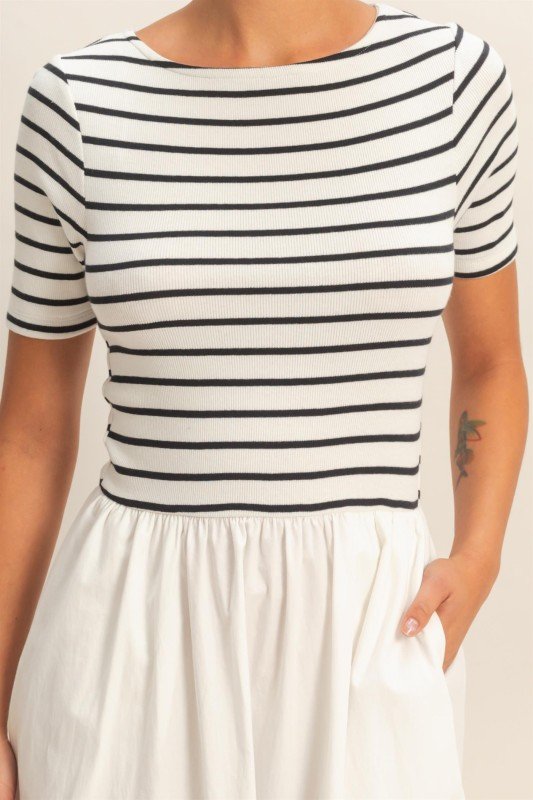 Striped Ribbed Top And Poplin Skirt Midi Dress