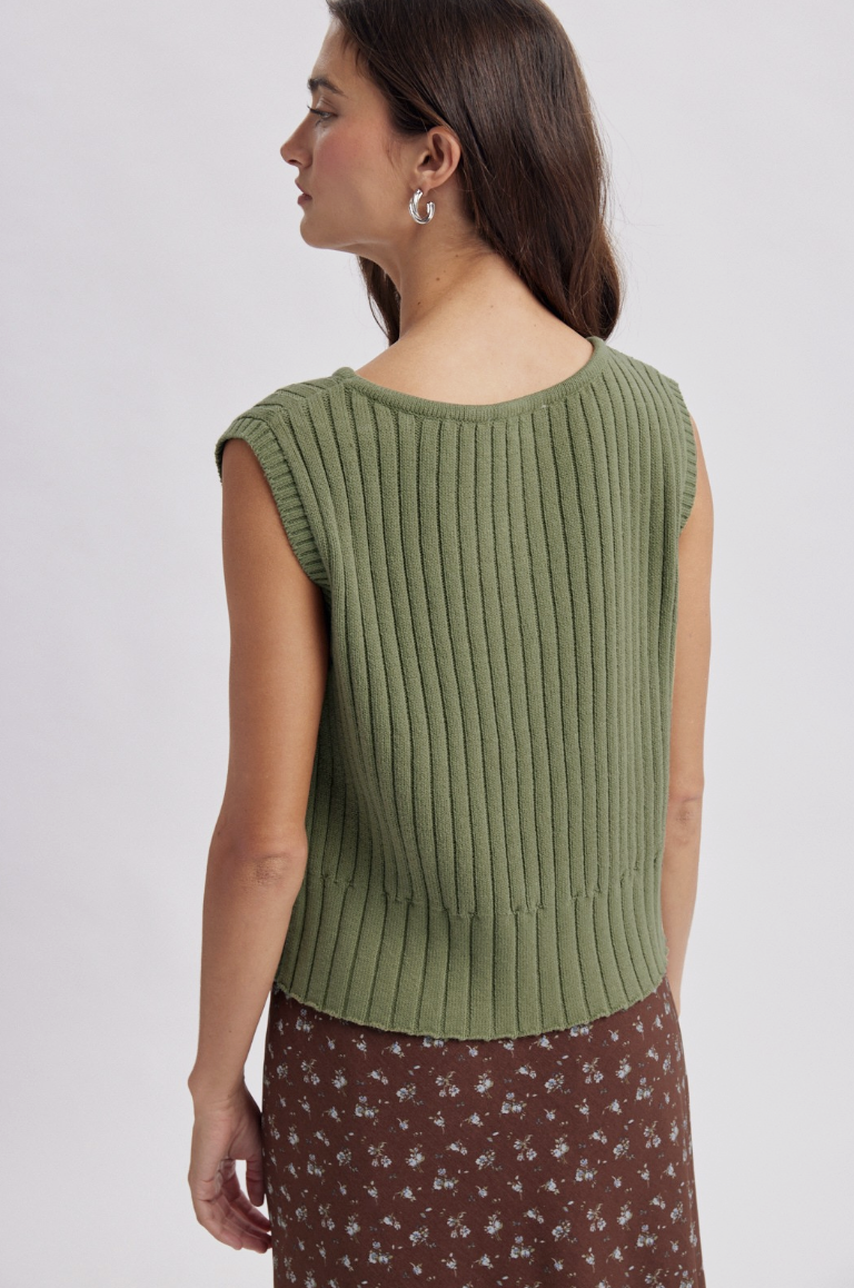 Alexis-Sleeveless Ribbed Sweater Vest In Dusty Olive