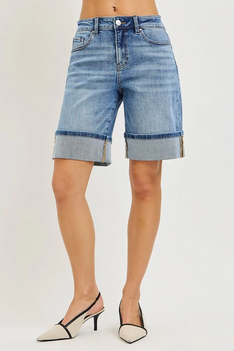 High Rise Mid Length Cuffed Denim Shorts By Risen