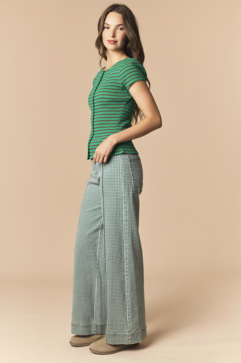 Stretchable Gingham Twill Pintuck Straight Pants