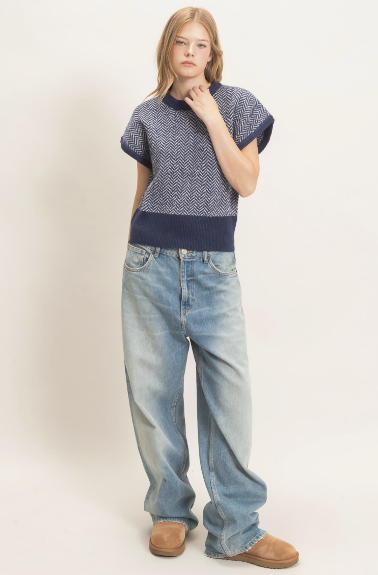 Navy Blue/White Chevron Cap Sleeve Knit Sweater