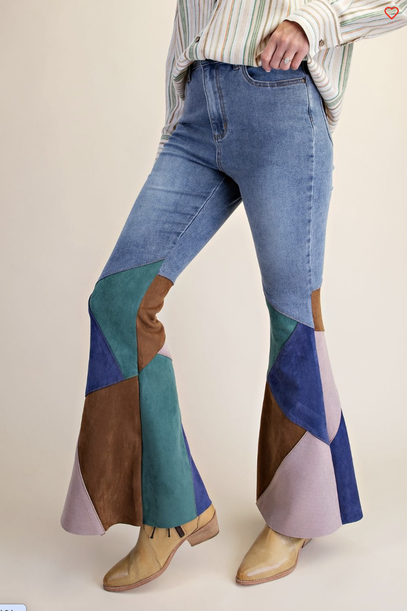 Hillary-Suede Color Block Flare Jeans
