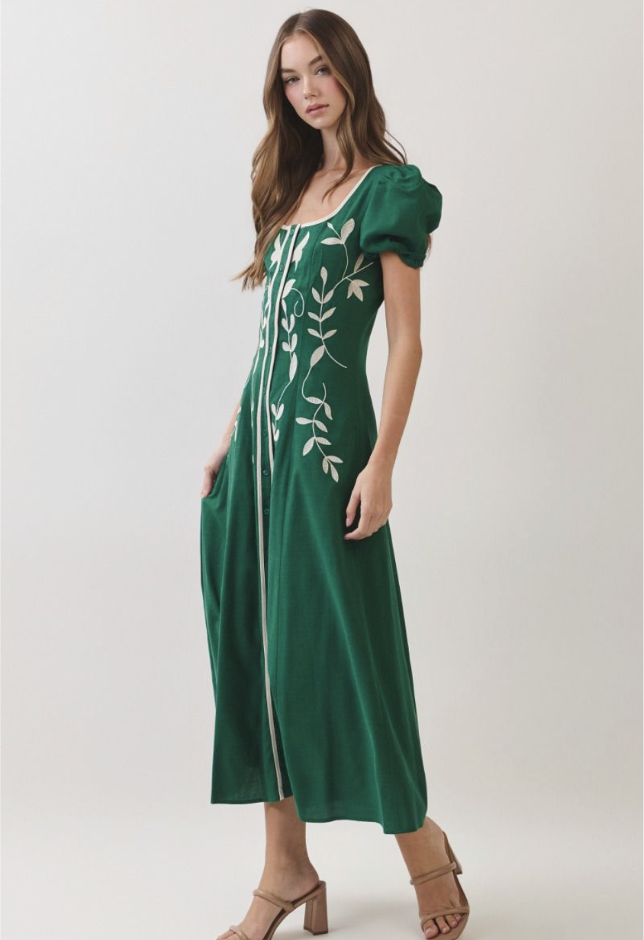 Green Embroidered Cotton Linen Blend Midi Dress