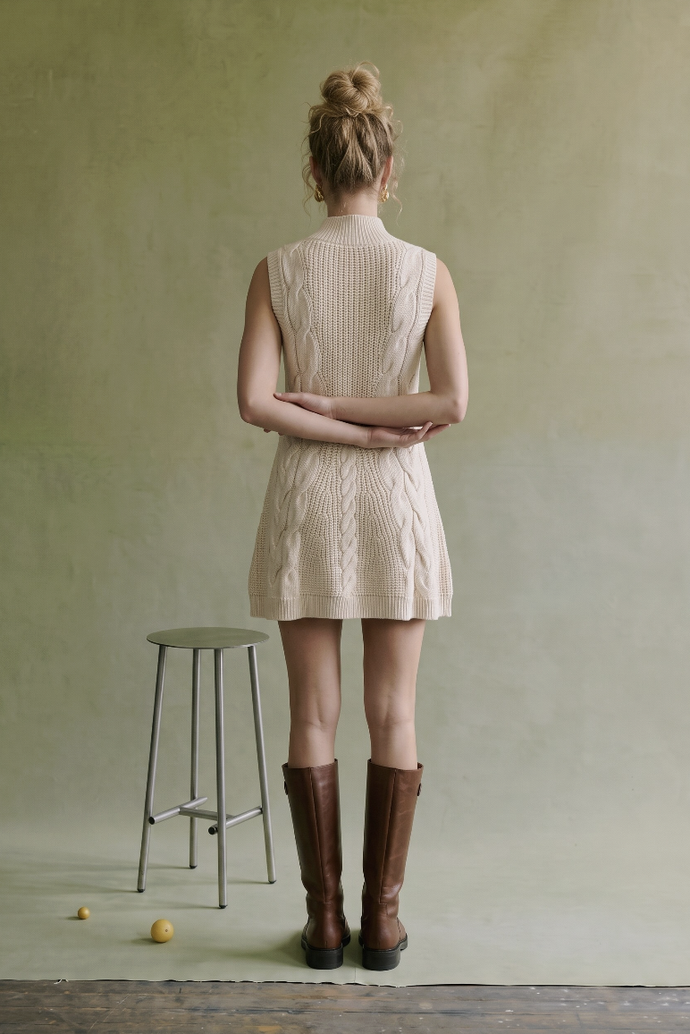Amber-Cream Cable Knit Mock Neck Mini Dress