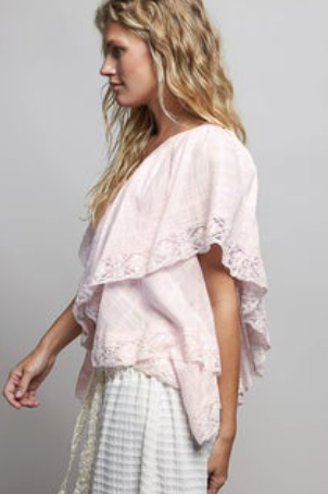 Juliette-Lace Trim Ruffle Top in Pink