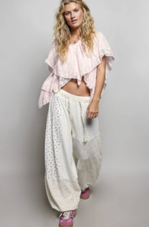 Juliette-Lace Trim Ruffle Top in Pink