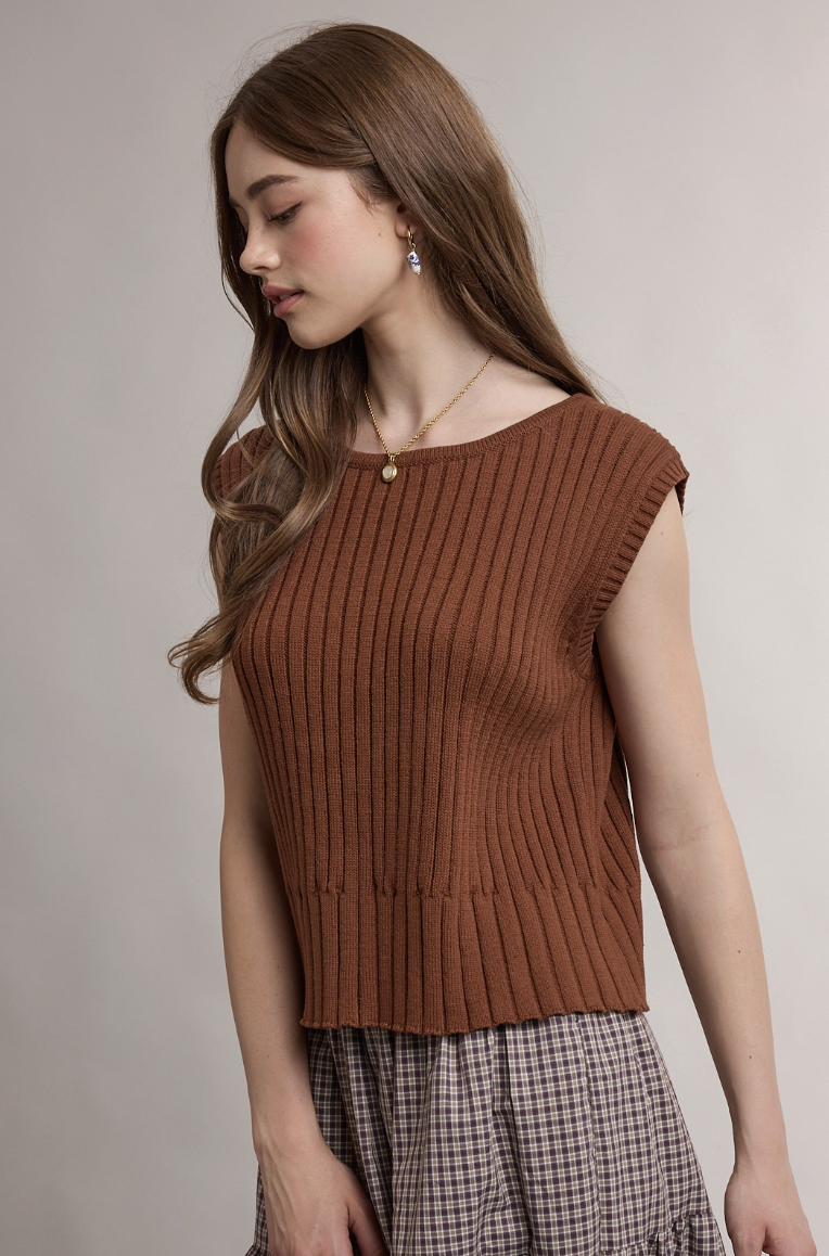 Alexis-Sleeveless Ribbed Sweater Vest In Brown