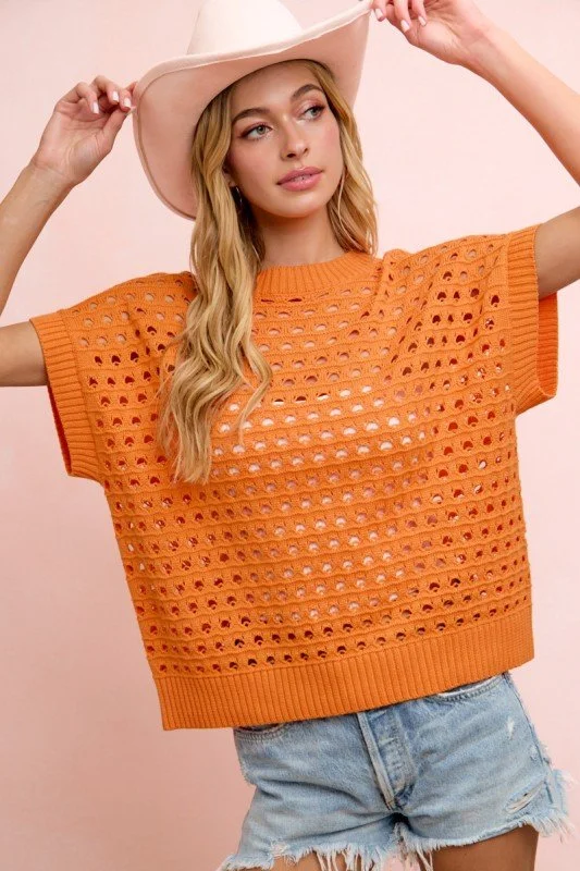 Heidi-Relaxed Short Sleeve Open Knit Top