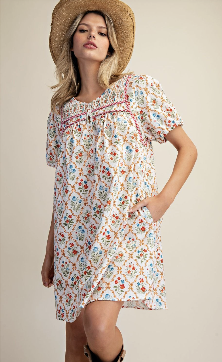 Floral Printed Cotton Seersucker Dress