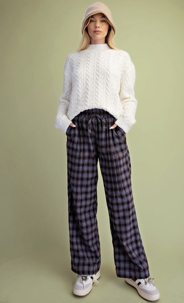 Shawna-Blue and Brown Plaid Wide Leg Pant