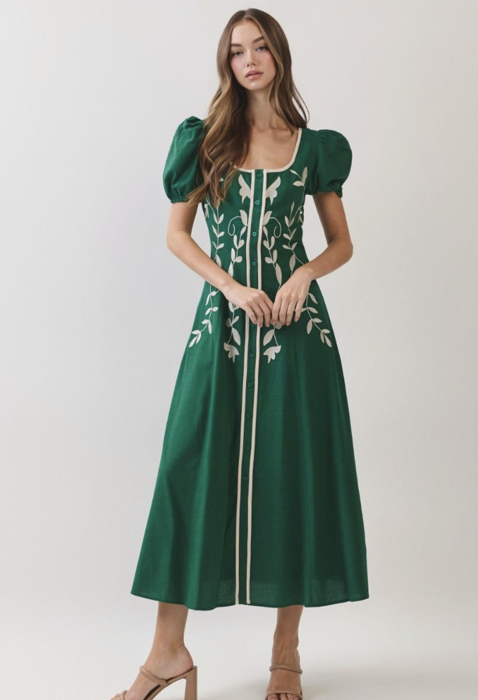 Green Embroidered Cotton Linen Blend Midi Dress