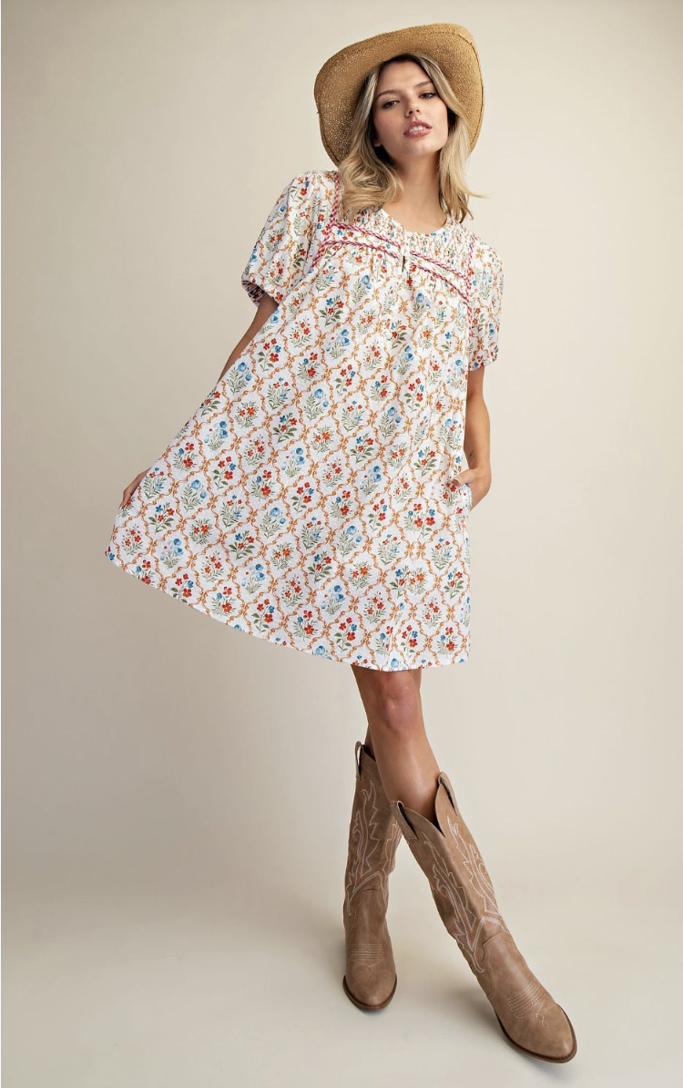 Floral Printed Cotton Seersucker Dress