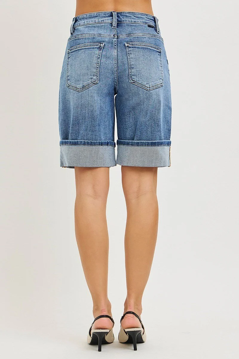 High Rise Mid Length Cuffed Denim Shorts By Risen