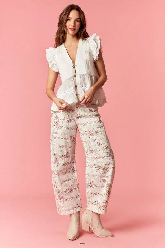 Floral Stripe Flower Print Barrel Denim Jeans