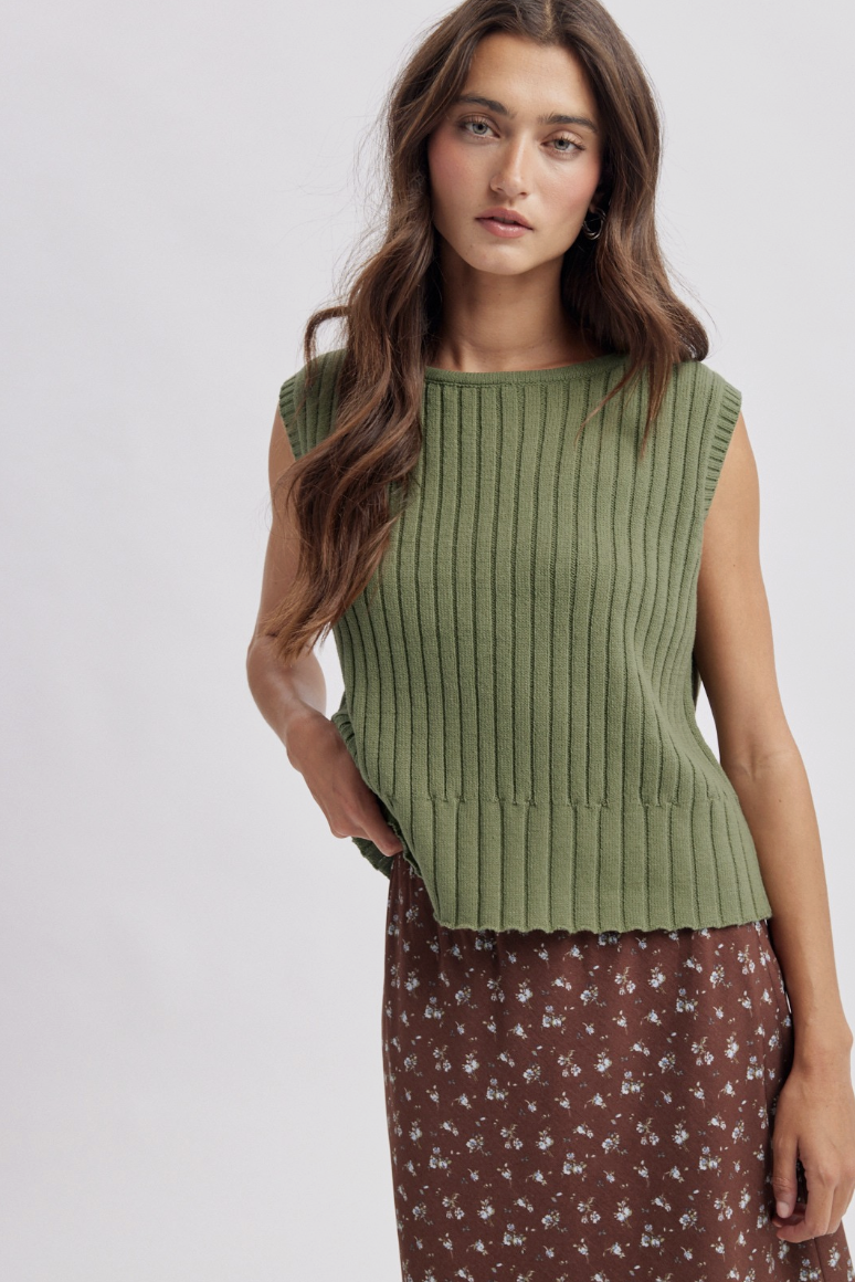 Alexis-Sleeveless Ribbed Sweater Vest In Dusty Olive