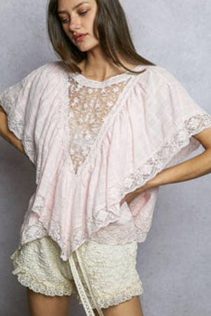 Juliette-Lace Trim Ruffle Top in Pink