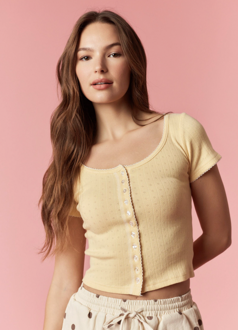 Christina-Scallop Embroidered Pointelle Rib Button Top