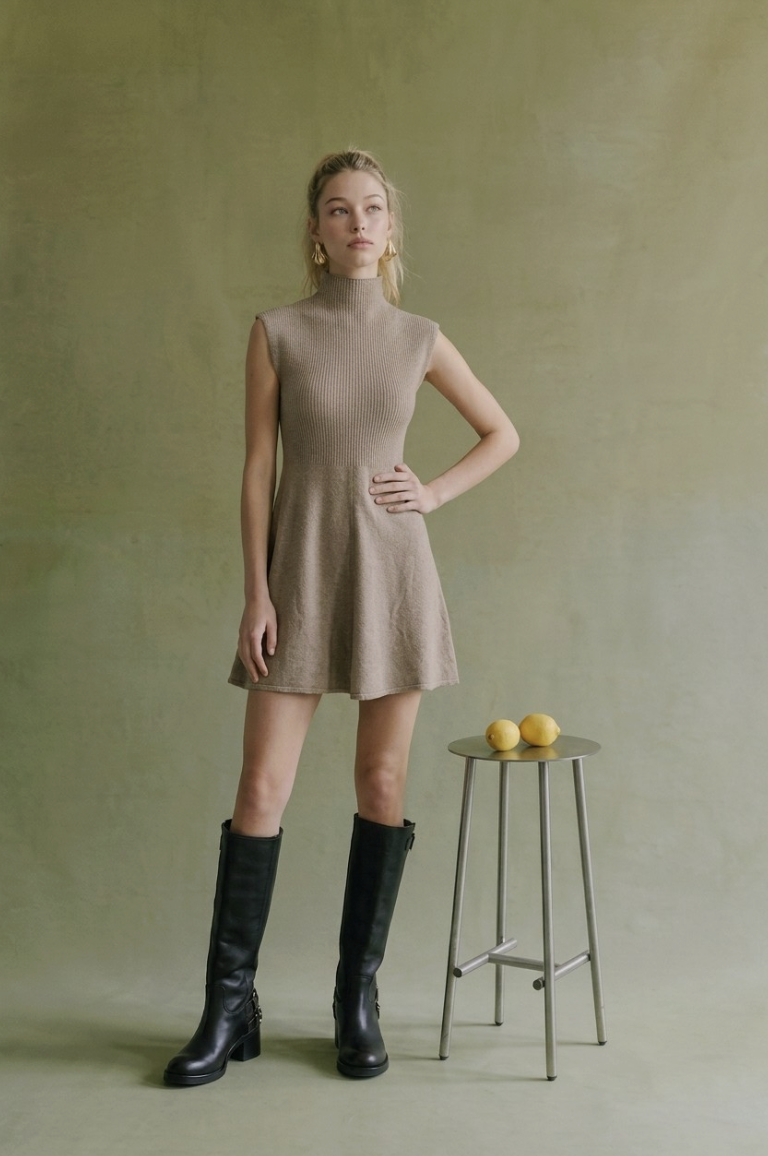 Stephanie-Short Sleeve Mock Neck Flare Sweater Dress