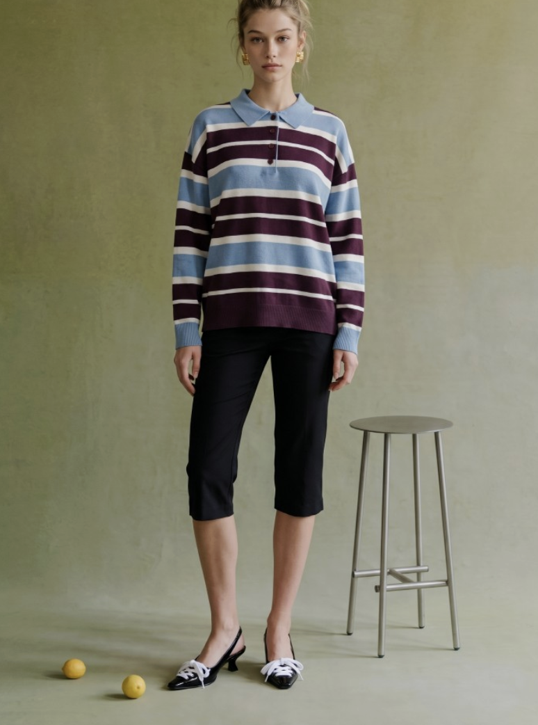 Dora-Multi Stripe Eggplant, Ivory, Dusty Blue Oversized Polo
