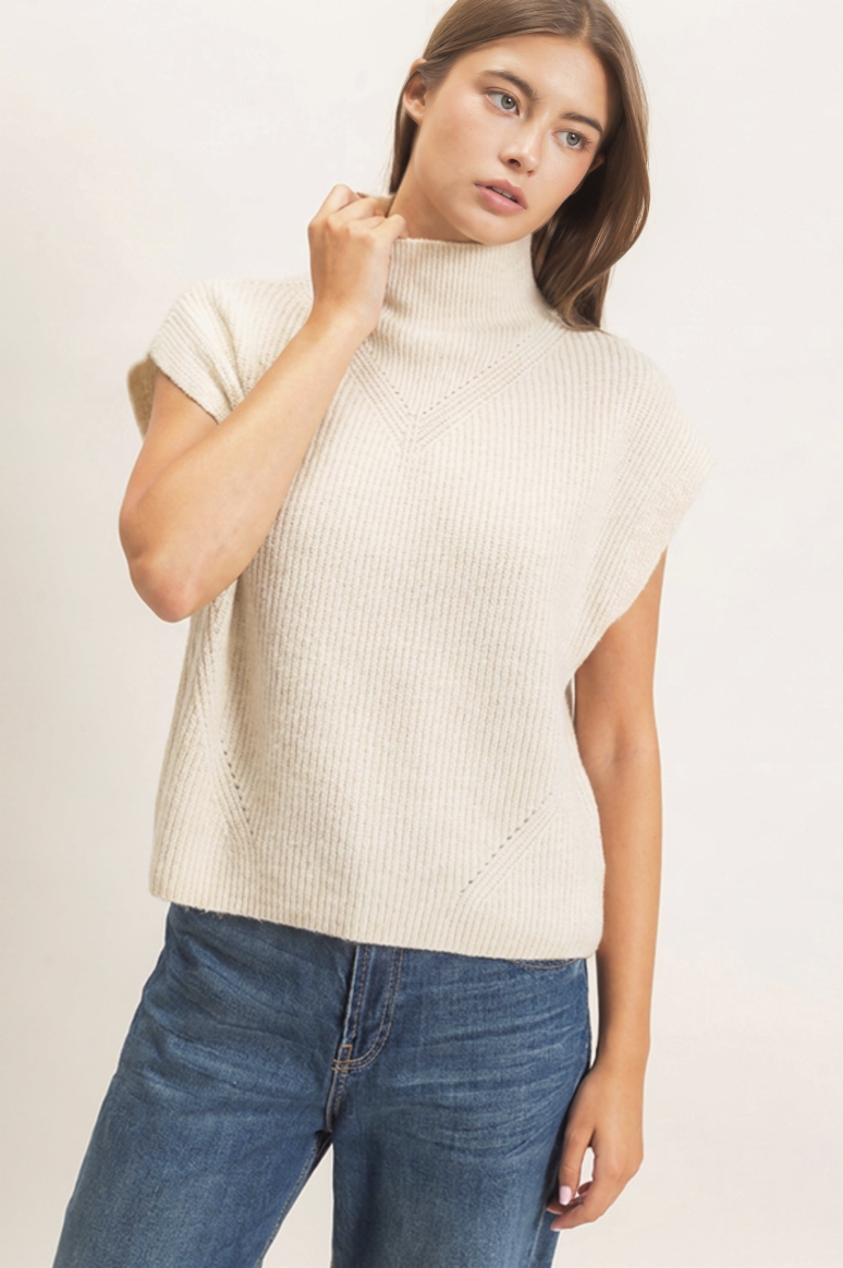Mock Neck Sleeveless Sweater Oatmeal Color