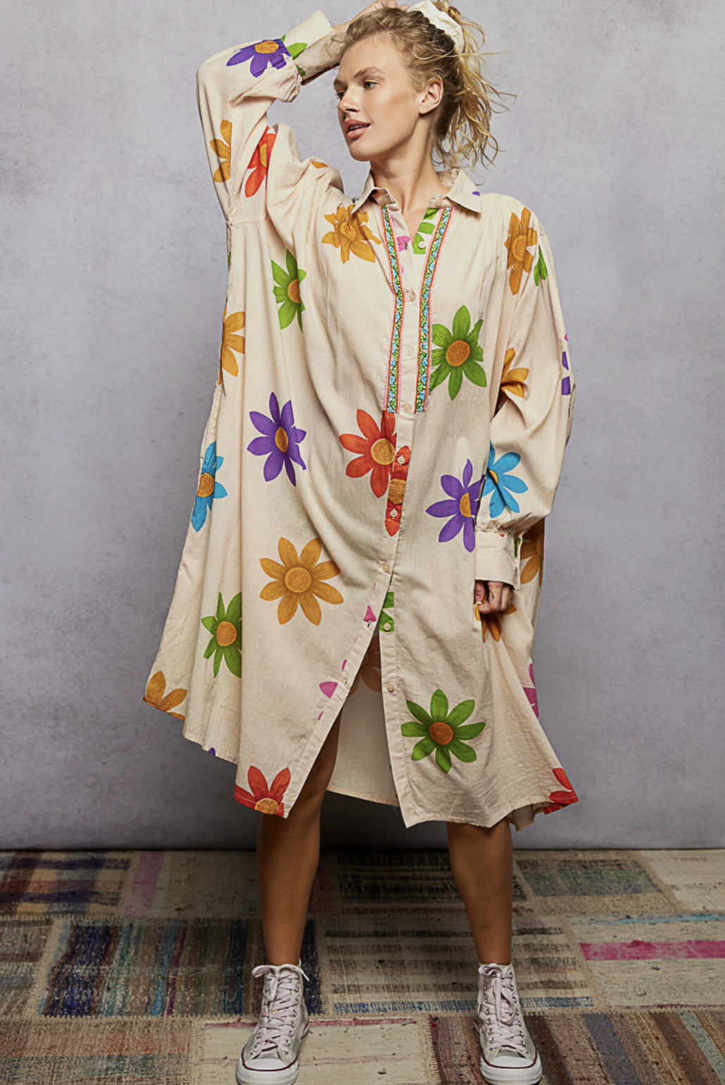 Olive-Floral Print Shirt Dress
