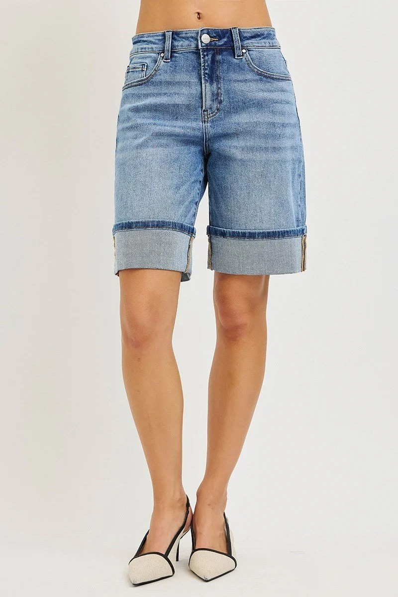 High Rise Mid Length Cuffed Denim Shorts By Risen