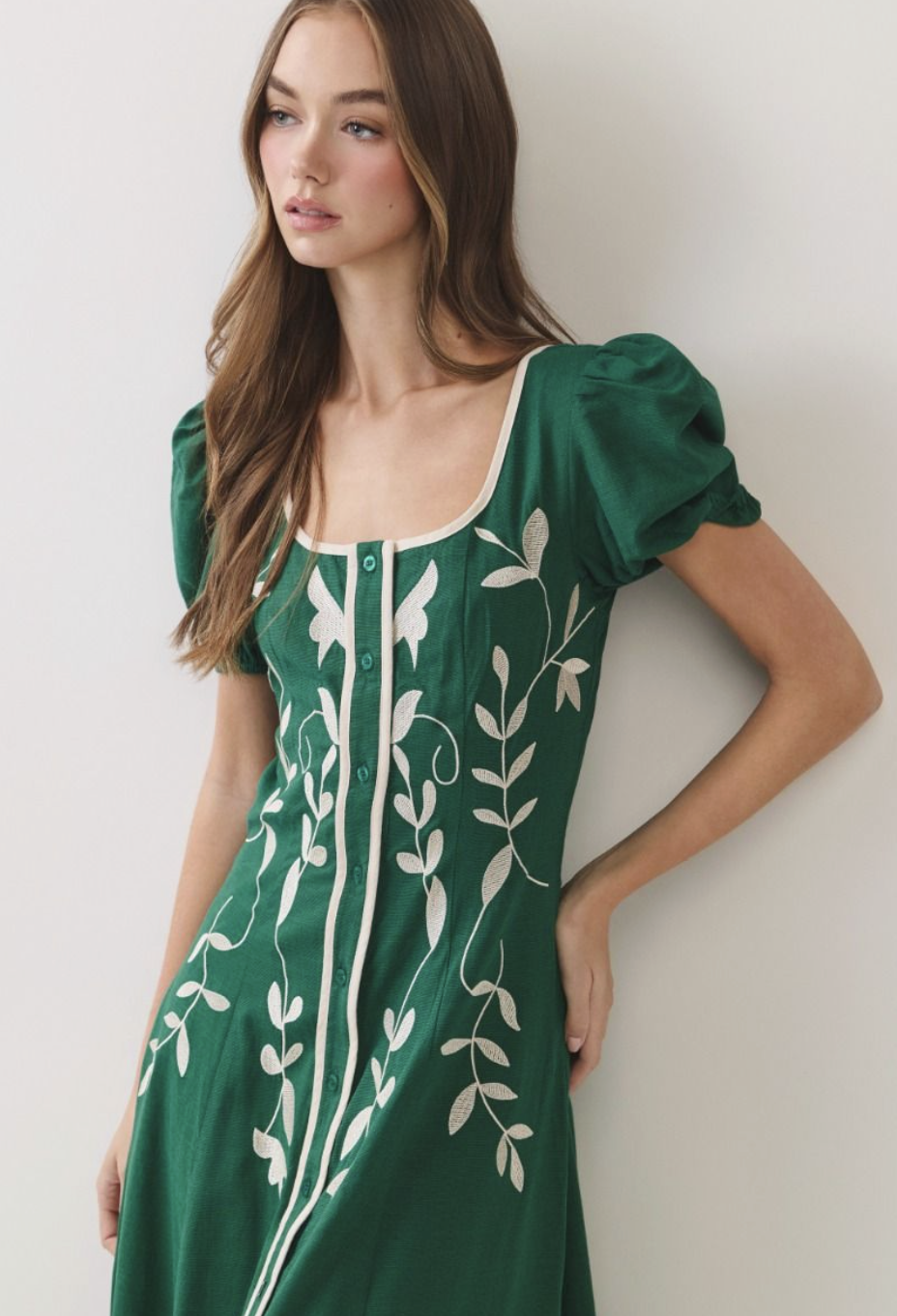 Green Embroidered Cotton Linen Blend Midi Dress