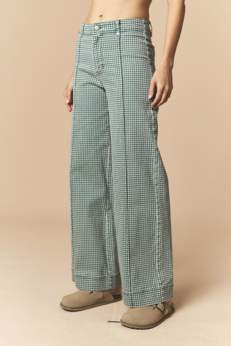 Stretchable Gingham Twill Pintuck Straight Pants