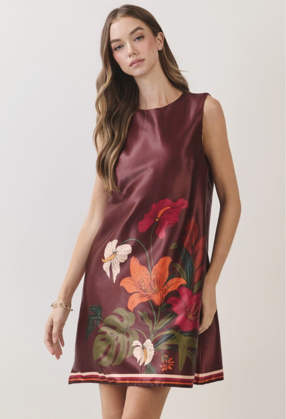 Floral Border Print Satin Mini Dress