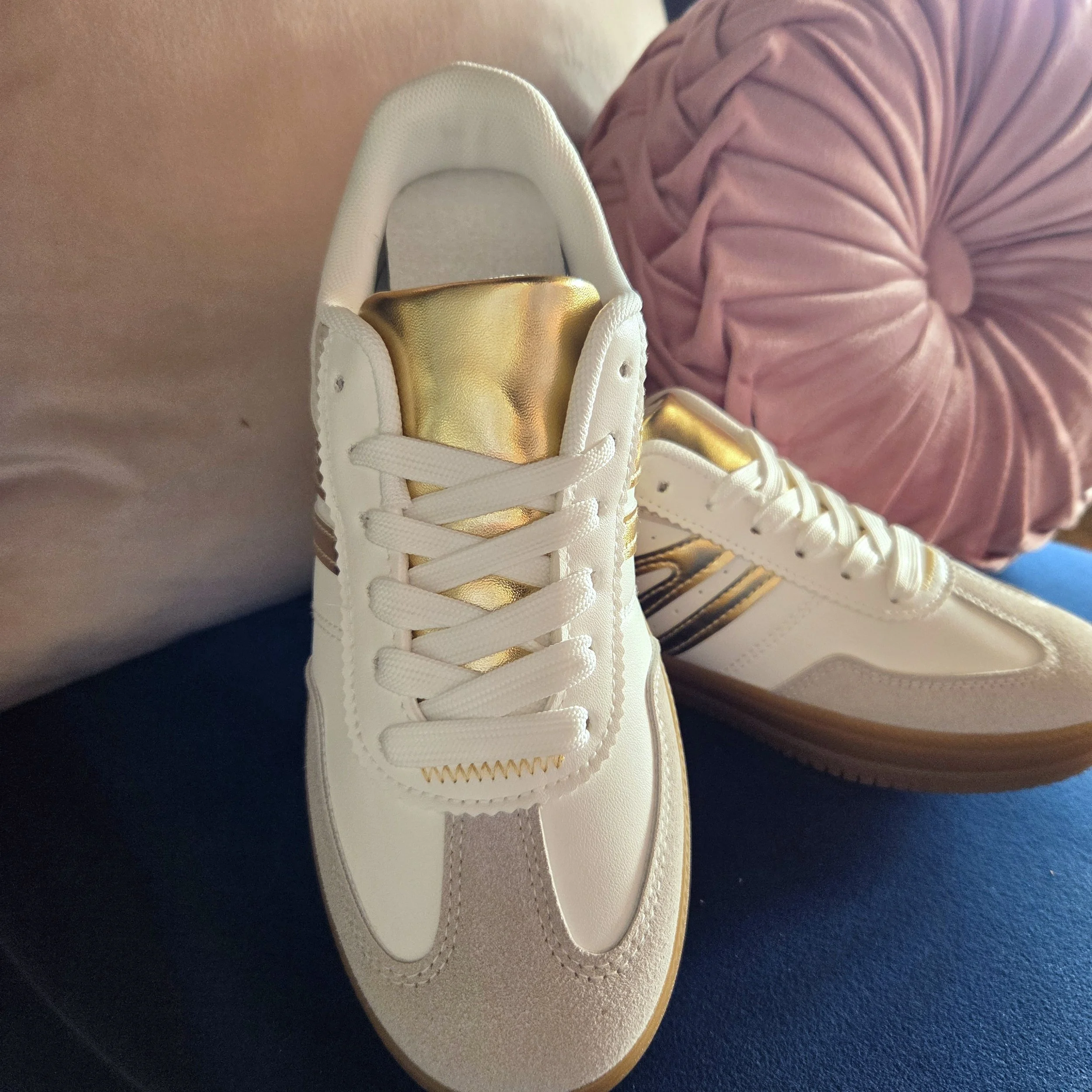 White Everyday Sneakers with Metallic Gold Detail