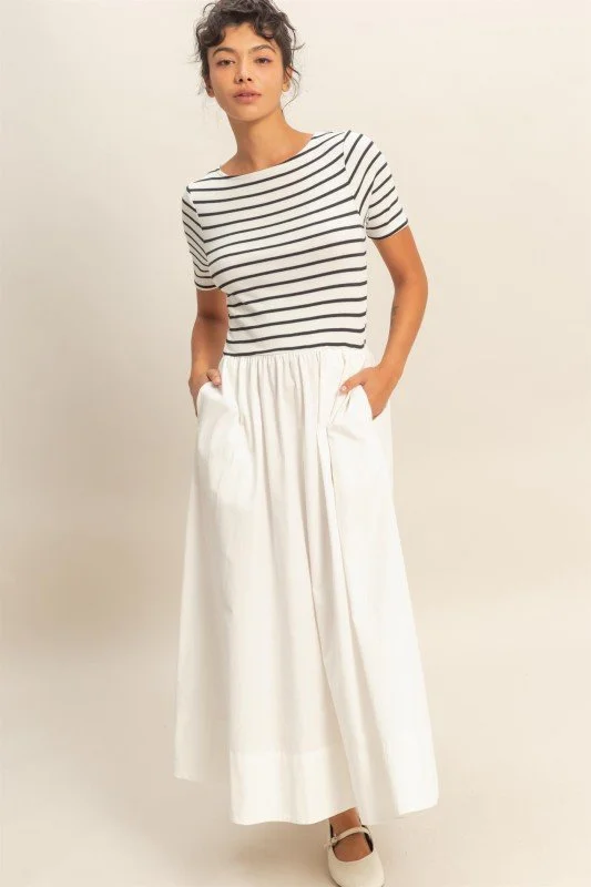 Striped Ribbed Top And Poplin Skirt Midi Dress