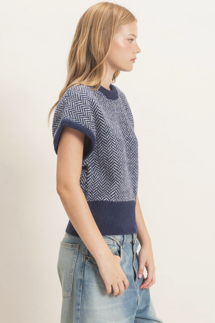 Navy Blue/White Chevron Cap Sleeve Knit Sweater