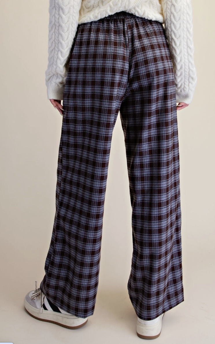 Shawna-Blue and Brown Plaid Wide Leg Pant