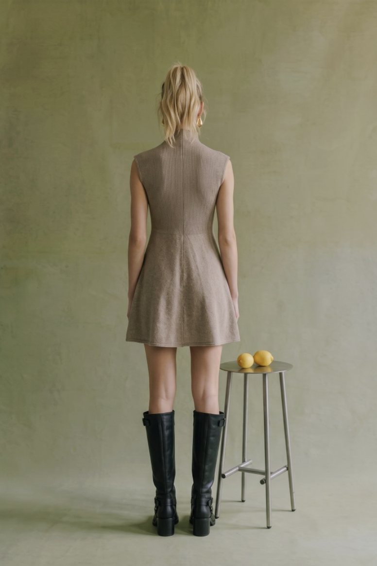 Stephanie-Short Sleeve Mock Neck Flare Sweater Dress