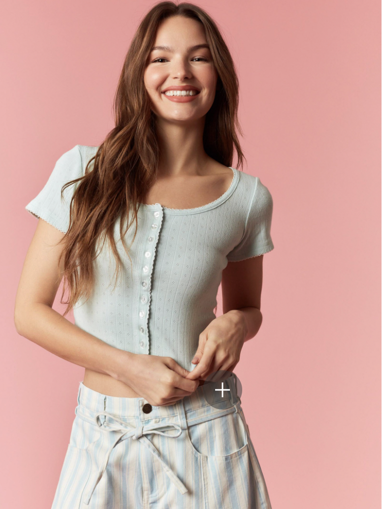 Christina-Scallop Embroidered Pointelle Rib Button Top