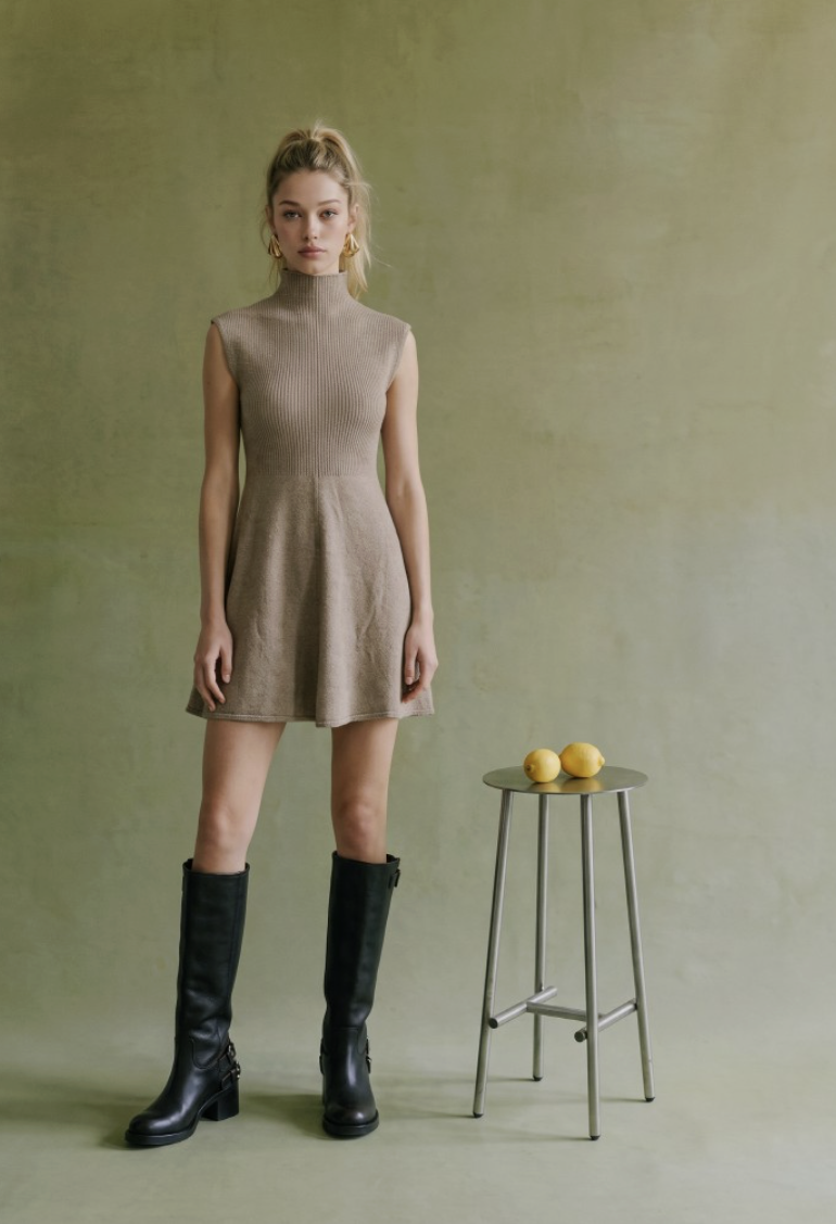 Stephanie-Short Sleeve Mock Neck Flare Sweater Dress
