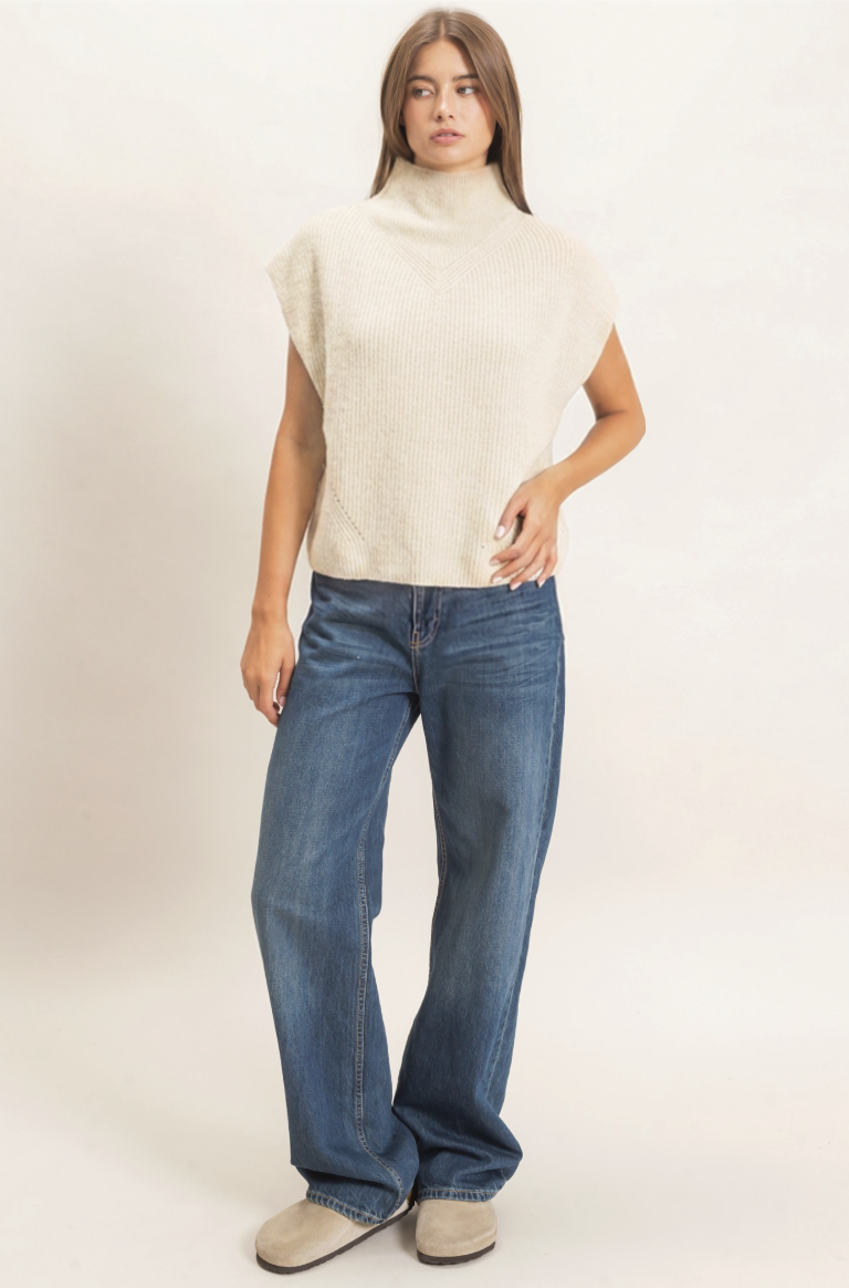 Mock Neck Sleeveless Sweater Oatmeal Color