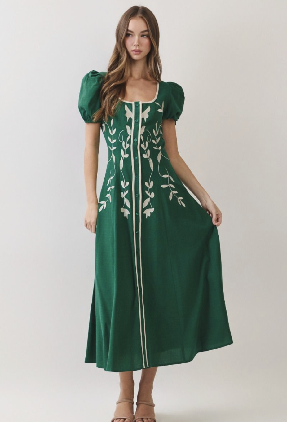 Alyson-Green Embroidered Linen Midi Dress