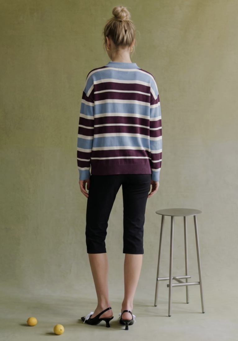 Dora-Multi Stripe Eggplant, Ivory, Dusty Blue Oversized Polo