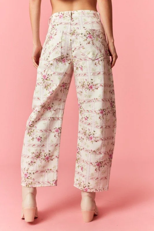 Floral Stripe Flower Print Barrel Denim Jeans