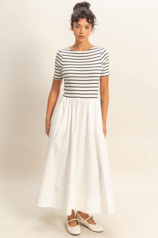 Striped Ribbed Top And Poplin Skirt Midi Dress